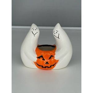 Vintage Halloween Ceramic Ghosts Holding Jack O Lantern Votive Candle Holder
